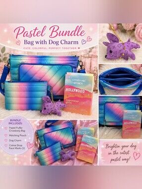 Pastel Puffer Crossbody Bag Bundle w/ Matching Pouch, Dog Charm & Crème Shop Fac